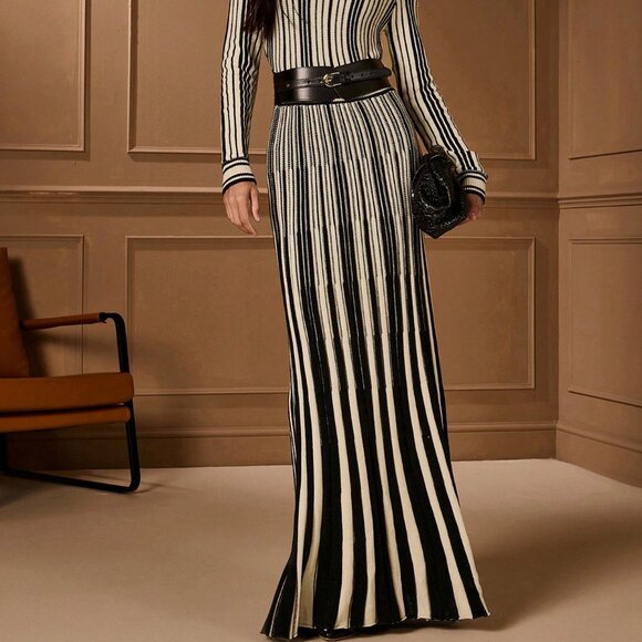 Multicolor Long Sleeve Waist Cinched Women's Sweater Dress - Picture 7 of 9